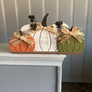 BNWT- 16”W- Triple Wooden Pumpkin Decor Sign on Wood Base - w/ Metal 🍁 Accents